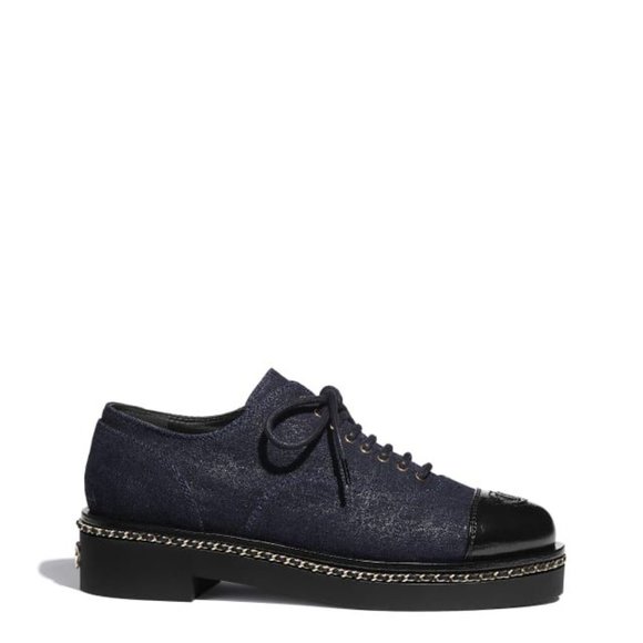 CHANEL 20K Denim Leather Chain Cap Toe Lace Up Oxford Heels Loafers Shoes - Picture 1 of 16